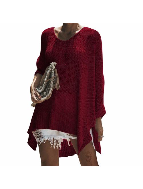 Exlura Women's Casual V Neck Loose Oversized Pullover Sweater High Low Knitted Jumper