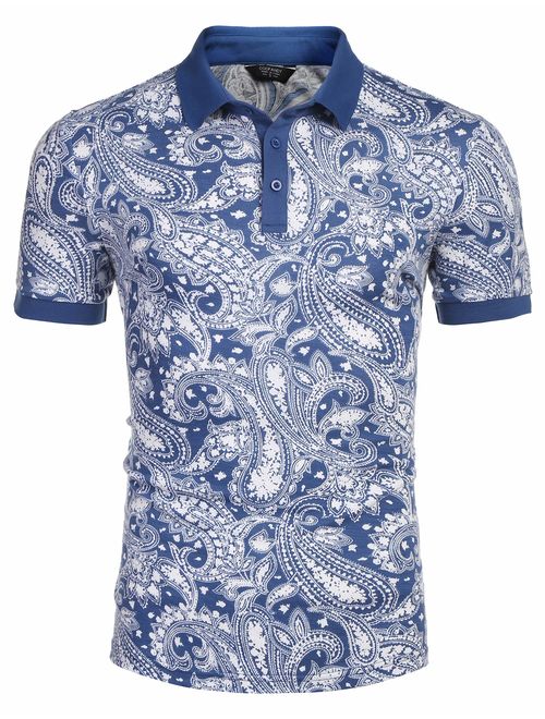 COOFANDY Men's Paisley Polo Shirt Casual Short Sleeve Floral Print Shirt