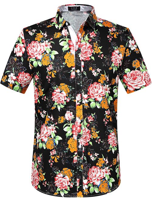 SSLR Men's Floral Casual Button Down Short Sleeve Hawaiian Shirt