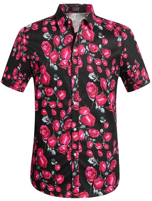 SSLR Men's Floral Casual Button Down Short Sleeve Hawaiian Shirt