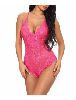 Buitifo Women Lace Bodysuit One Piece Babydoll Mini Teddy V Neck Lingerie