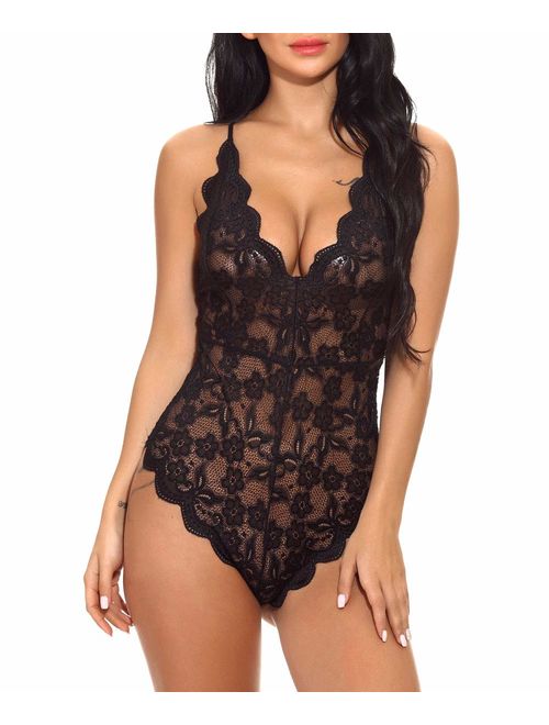 Buitifo Women Lace Bodysuit One Piece Babydoll Mini Teddy V Neck Lingerie