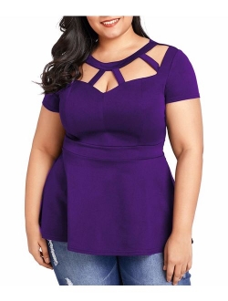 LALAGEN Women Plus Size Short Sleeve Flare Peplum Blouse Top