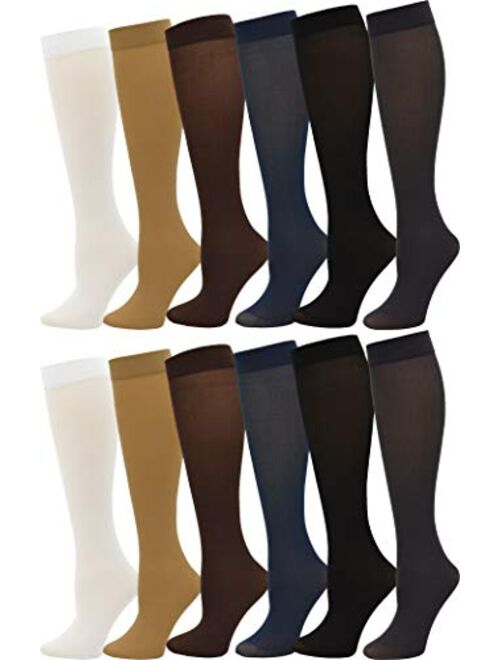 Women's Trouser Socks, Opaque Stretchy Nylon Knee High, Many Colors, 6 or 12 Pairs