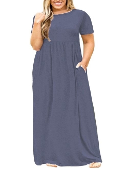 POSESHE Women's Plus Size Tunic Swing T-Shirt Dress Short Sleeve Maxi Dress with Pockets