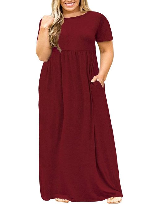 POSESHE Women's Plus Size Tunic Swing T-Shirt Dress Short Sleeve Maxi Dress with Pockets