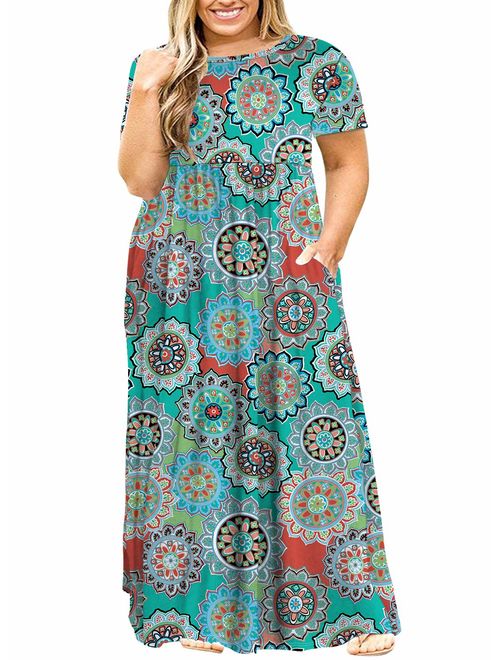 POSESHE Women's Plus Size Tunic Swing T-Shirt Dress Short Sleeve Maxi Dress with Pockets