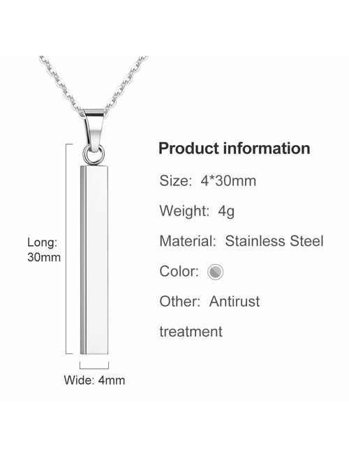 PAERAPAK Personalized Necklace - Engraved Name Necklace 3D Vertical Bar Necklace Dainty Stainless Steel Mens Necklace Bar Pendant Necklaces for Men Graduation Jewelry Gif