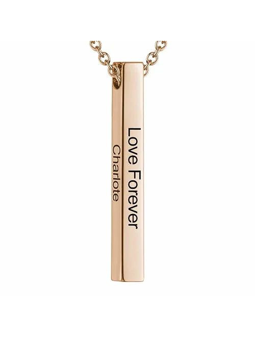 LAOFU Name Necklace Personalized 4 Sided Vertical Engraved 3D Bar Pendant Necklace, Customized Jewelry Gift for Women