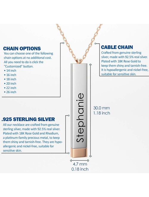 .925 Sterling Silver 3D Bar Custom Name Necklace Personalized - Engraved Name, (Choice of Shapes)