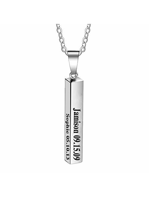 YoPicks Custom Sterling Silver 3D Bar Necklace Personalized Vertical Engraved Text Pendant Jewelry Gift for Men