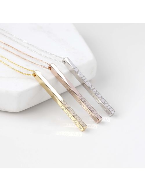 Personalized Vertical Bar Necklace Coordinate Jewelry Valentine's Day Gift for Her Roman Numeral Graduation Gift Engraved 3D Necklaces for Women Initial Necklace - 4SBN