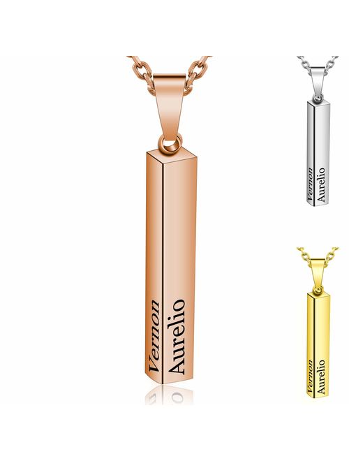 Amlion Personalized 4 Sided Vertical Engraved 3D Bar Necklace,Custom Pendant Necklaces