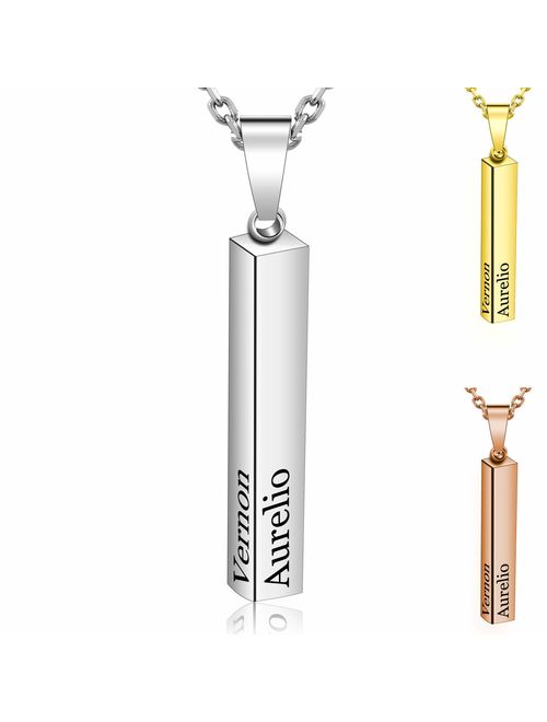 Amlion Personalized 4 Sided Vertical Engraved 3D Bar Necklace,Custom Pendant Necklaces