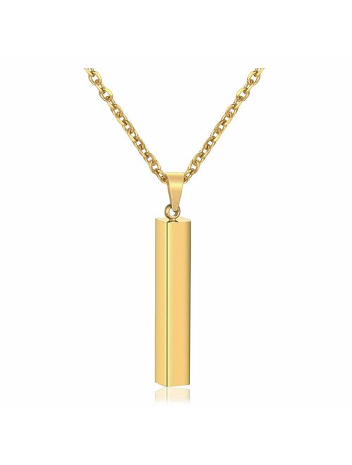 PiercingJ 4 Side Engraving Personalized Custom Message Name Bar Necklace Stainless Steel Pendant Chain for Men Women Box