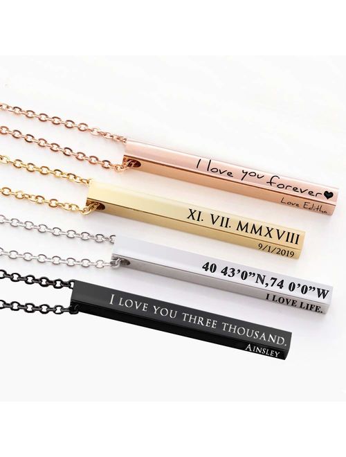 Personalized Name Necklace, Customized 3D Bar Necklace with 4 Side Engravable Custom Stainless Steel Pendant Jewelry for Men and Women