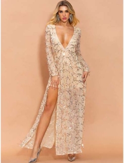 Split Thigh Plunge Neck Sequin Mesh Dress