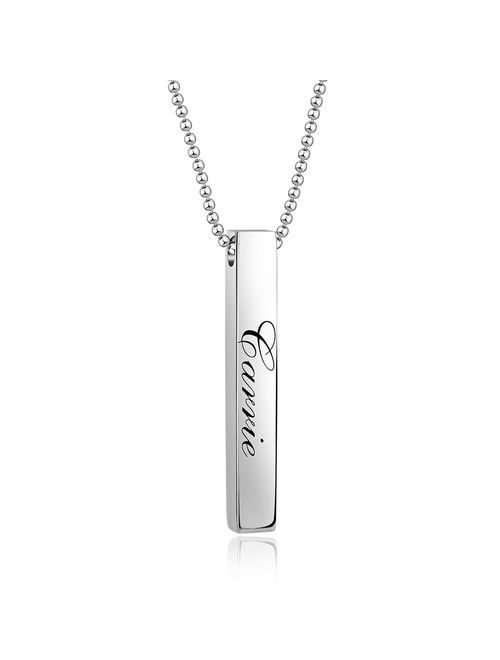 Sterling Silver Engraved Names Personalized Vertical Cuboid Bar Necklace Custom Initials Words Unisex Gifts