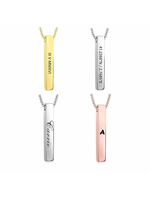 Sterling Silver Engraved Names Personalized Vertical Cuboid Bar Necklace Custom Initials Words Unisex Gifts