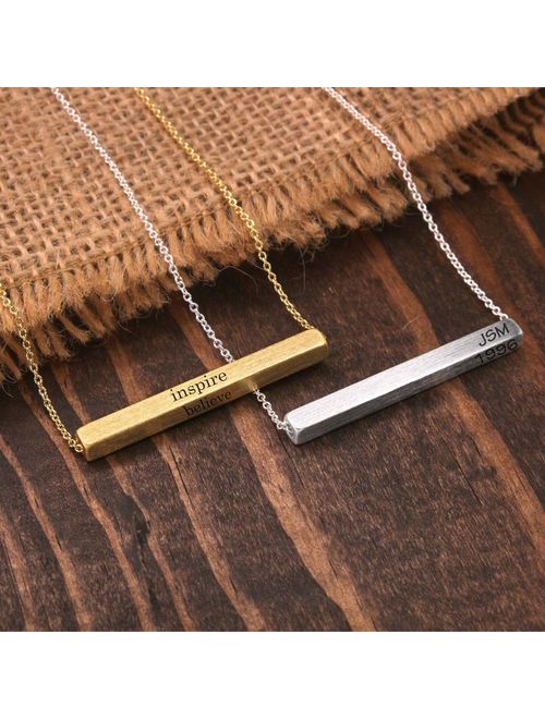 Horizontal bar Personalized Engraved Customized Monogram 3-D 4 sided Name Initial Alphabet Bar Brass Necklace, BN742