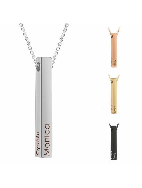 Personalized 4 Sided Vertical Engraved 3D Bar Necklace,Custom Pendant Necklace