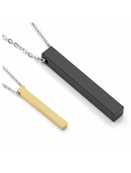 PiercingJ 2pcs Personalized Custom Engrave Initial Name Date Words Stainless Steel 4 Sided 3D Vertical Cuboid Bar Pendant Necklace Chain Matching Couples Necklaces Set