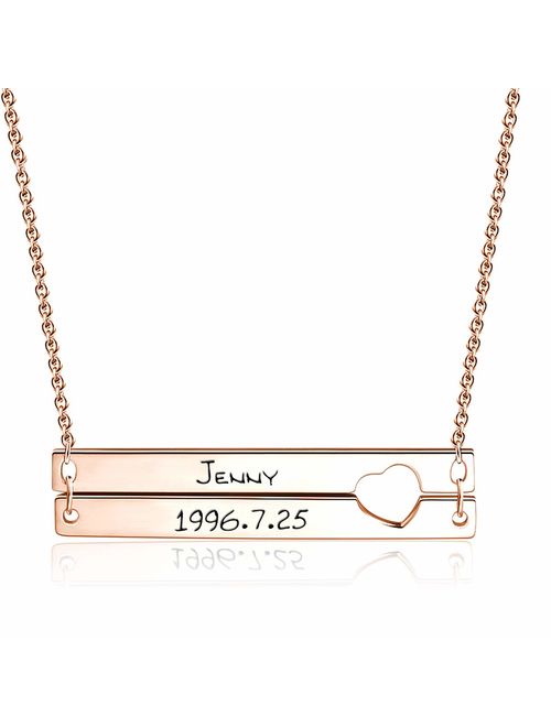 TinyName Personalized Bar Necklace, Sterling Silver Custom Made Double Bar Heart Necklace with Any Messages Dainty Jewelry Gift for Couple