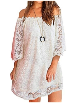 OURS Off Shoulder 3/4 Sleeve Floral Lace Shift Loose Mini Dress