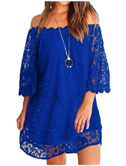 OURS Off Shoulder 3/4 Sleeve Floral Lace Shift Loose Mini Dress