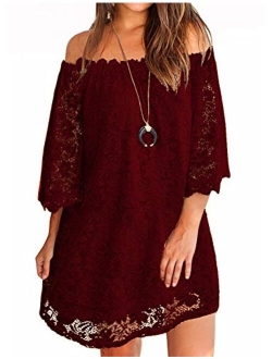 OURS Off Shoulder 3/4 Sleeve Floral Lace Shift Loose Mini Dress