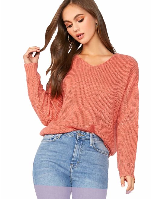 MAKEMECHIC Women's Loose V Neck Drop Shoulder Long Sleeve Jumper Sweater