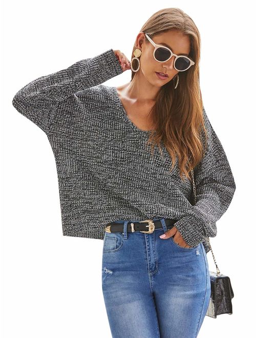 MAKEMECHIC Women's Loose V Neck Drop Shoulder Long Sleeve Jumper Sweater