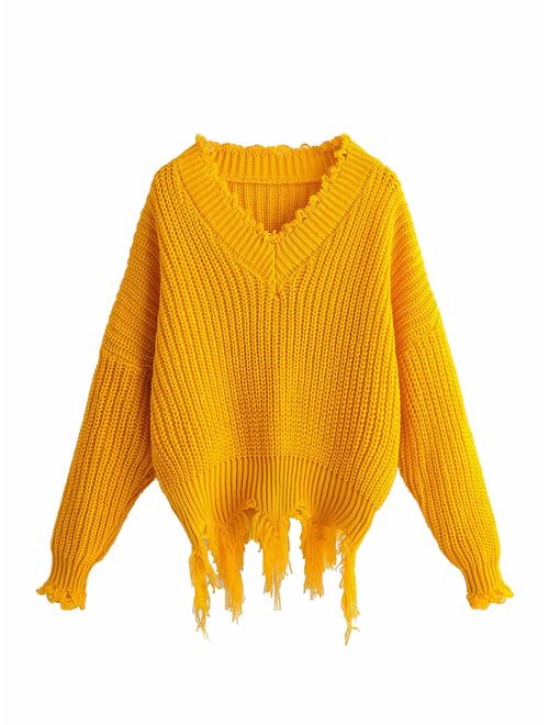 MAKEMECHIC Women's Loose V Neck Drop Shoulder Long Sleeve Jumper Sweater