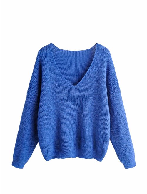 MAKEMECHIC Women's Loose V Neck Drop Shoulder Long Sleeve Jumper Sweater