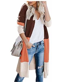 Myobe Womens Boho Open Front Cardigan Colorblock Long Sleeve Loose Knit Lightweight Sweaters