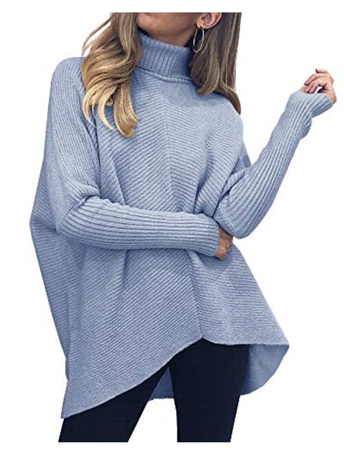 Nulibenna Womens Turtleneck Long Batwing Sleeve Sweater Asymmetric Hem Casual Winter Pullover Ribbed Knit Tops