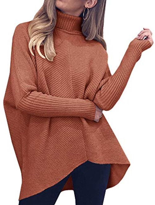 Nulibenna Womens Turtleneck Long Batwing Sleeve Sweater Asymmetric Hem Casual Winter Pullover Ribbed Knit Tops