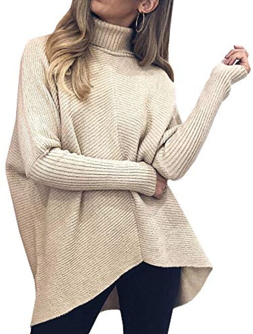 Nulibenna Womens Turtleneck Long Batwing Sleeve Sweater Asymmetric Hem Casual Winter Pullover Ribbed Knit Tops