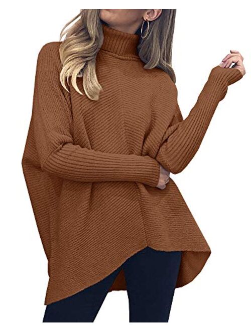 Nulibenna Womens Turtleneck Long Batwing Sleeve Sweater Asymmetric Hem Casual Winter Pullover Ribbed Knit Tops