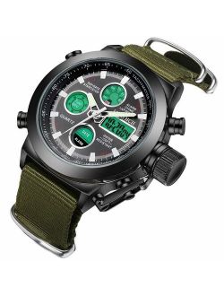 LYMFHCH Mens Black Big Face Sports Watch, LED Digital Analog Waterproof Military Luminous Stopwatch Army Green Wrist Watch