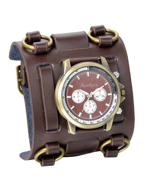 JewelryWe Black Brown Hip-hop Gothic Punk Style Men Watch Wide Leather Fashion Cuff Wristwatch for Xmas Christmas(5 Colors)