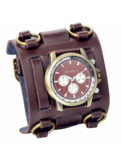 JewelryWe Black Brown Hip-hop Gothic Punk Style Men Watch Wide Leather Fashion Cuff Wristwatch for Xmas Christmas(5 Colors)