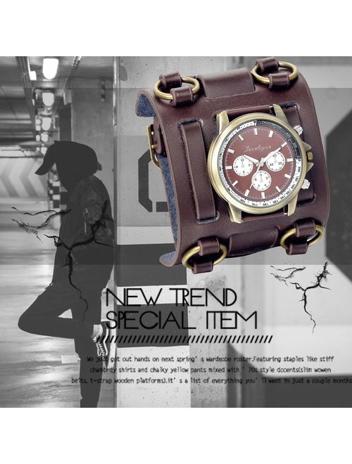 JewelryWe Black Brown Hip-hop Gothic Punk Style Men Watch Wide Leather Fashion Cuff Wristwatch for Xmas Christmas(5 Colors)