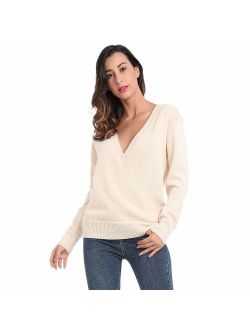 JTANIB Women's Deep V-Neck Sexy Knitted Sweaters Long Sleeve Wrap Front Loose Pullover Jumper Tops