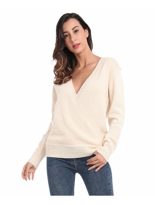 JTANIB Women's Deep V-Neck Sexy Knitted Sweaters Long Sleeve Wrap Front Loose Pullover Jumper Tops