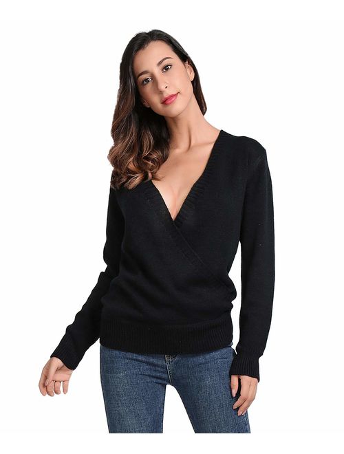 JTANIB Women's Deep V-Neck Sexy Knitted Sweaters Long Sleeve Wrap Front Loose Pullover Jumper Tops