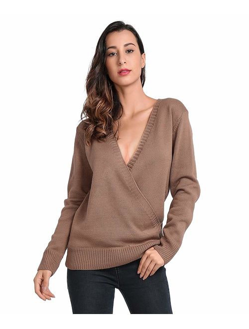 JTANIB Women's Deep V-Neck Sexy Knitted Sweaters Long Sleeve Wrap Front Loose Pullover Jumper Tops