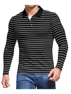 MLANM Men's Long/Short Sleeve Stripe Polo Shirts Casual Slim Fit Basic Designed Cotton Shirts