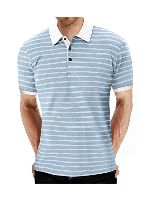 MLANM Men's Long/Short Sleeve Stripe Polo Shirts Casual Slim Fit Basic Designed Cotton Shirts