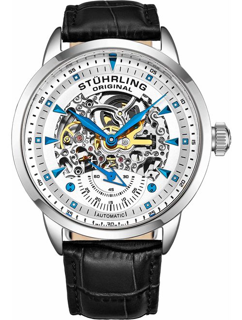 Stuhrling Original Mens Automatic Watch Skeleton Watches for Men - Black Leather Watch Strap Mechanical Watch Silver Executive Watch Collection